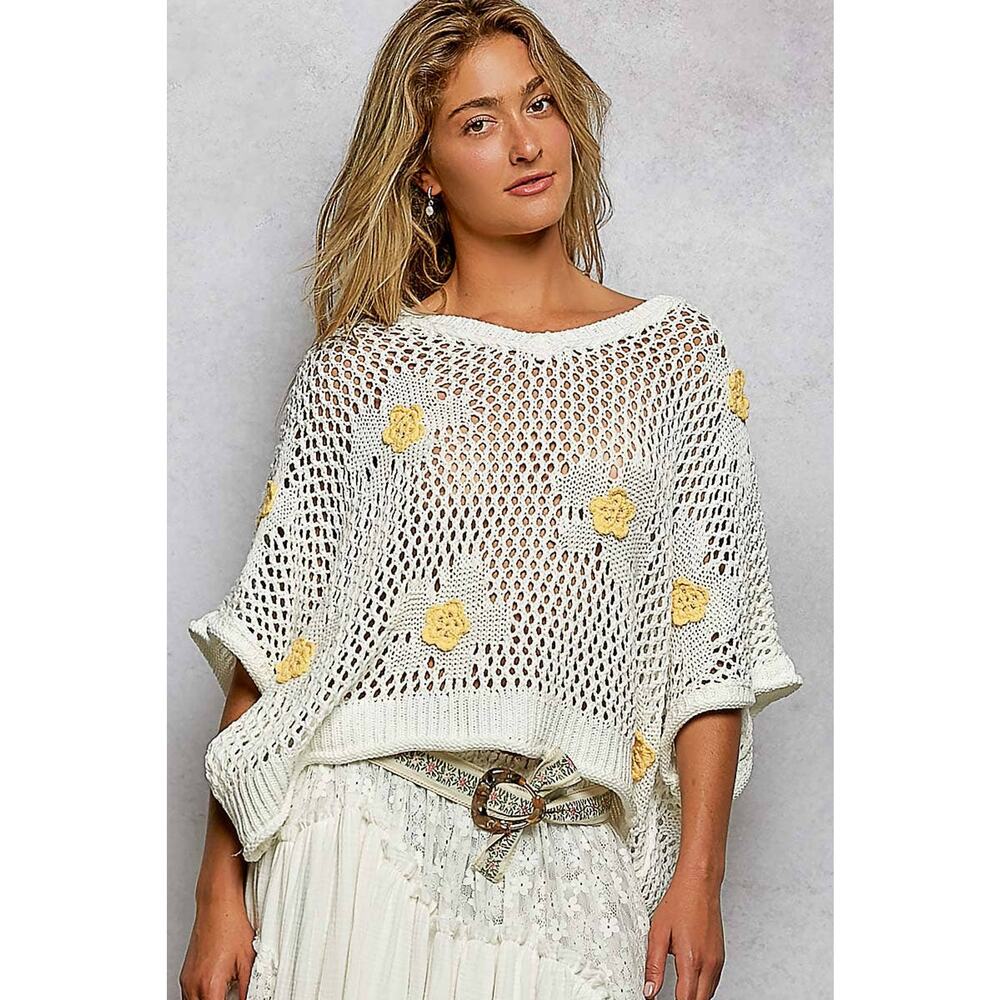 "Bloomin' Filly" Floral Patch Open Sweater Top Black - Picture 16 of 16